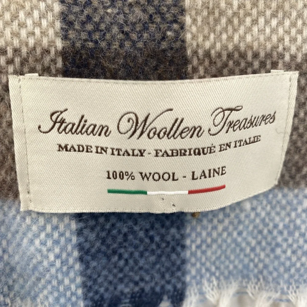 Italian Woollen Treasures Scarf Blue Brown Plaid 100% Wool 11
